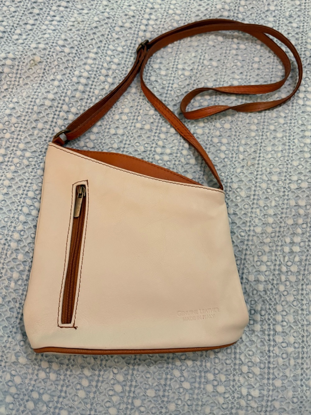 Genuine Italian Leather Cream Off White Asymmetric Crossbody Bag Brown Trim
